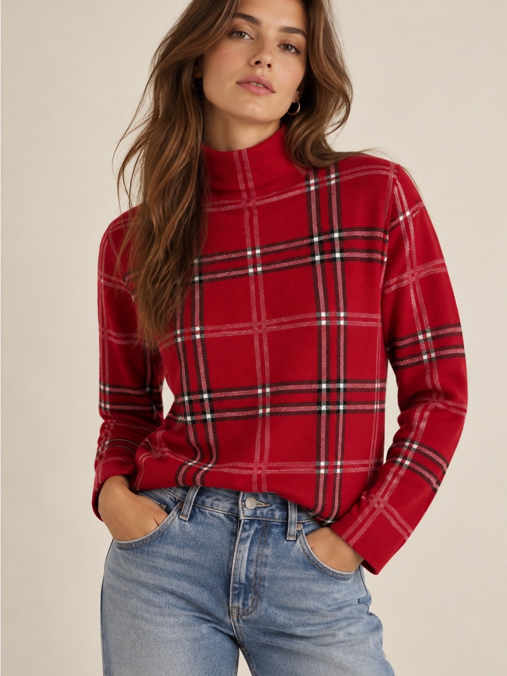 Nicole Miller Red Tartan Plaid Mock Neck Holiday Sweater Size Medium